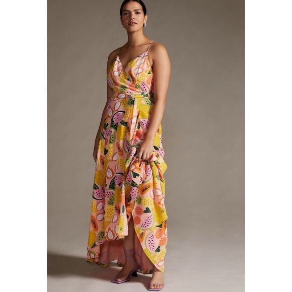 Anthropologie x Hutch Yellow Floral Hi-Lo Chiffon Maxi Wrap Dress Size Small EUC - Picture 1 of 13